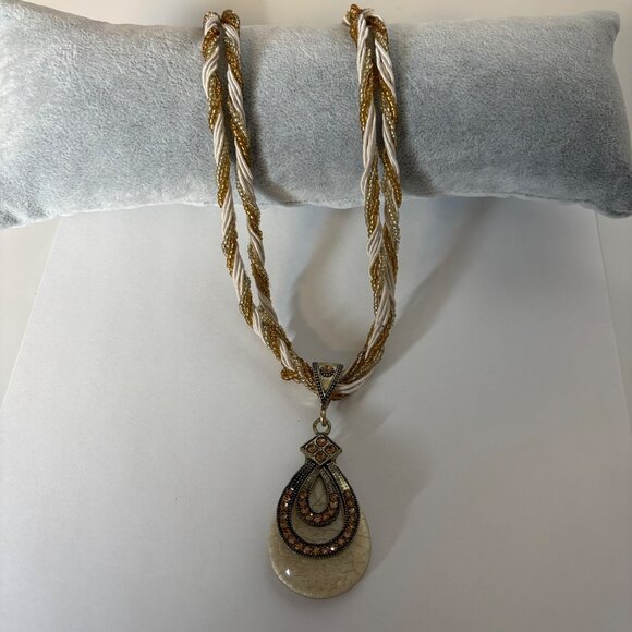 Crackled Teardrop Pendant Multi-Strand Necklace Rhinestones Gold Tone Cream NEW - Picture 4 of 8